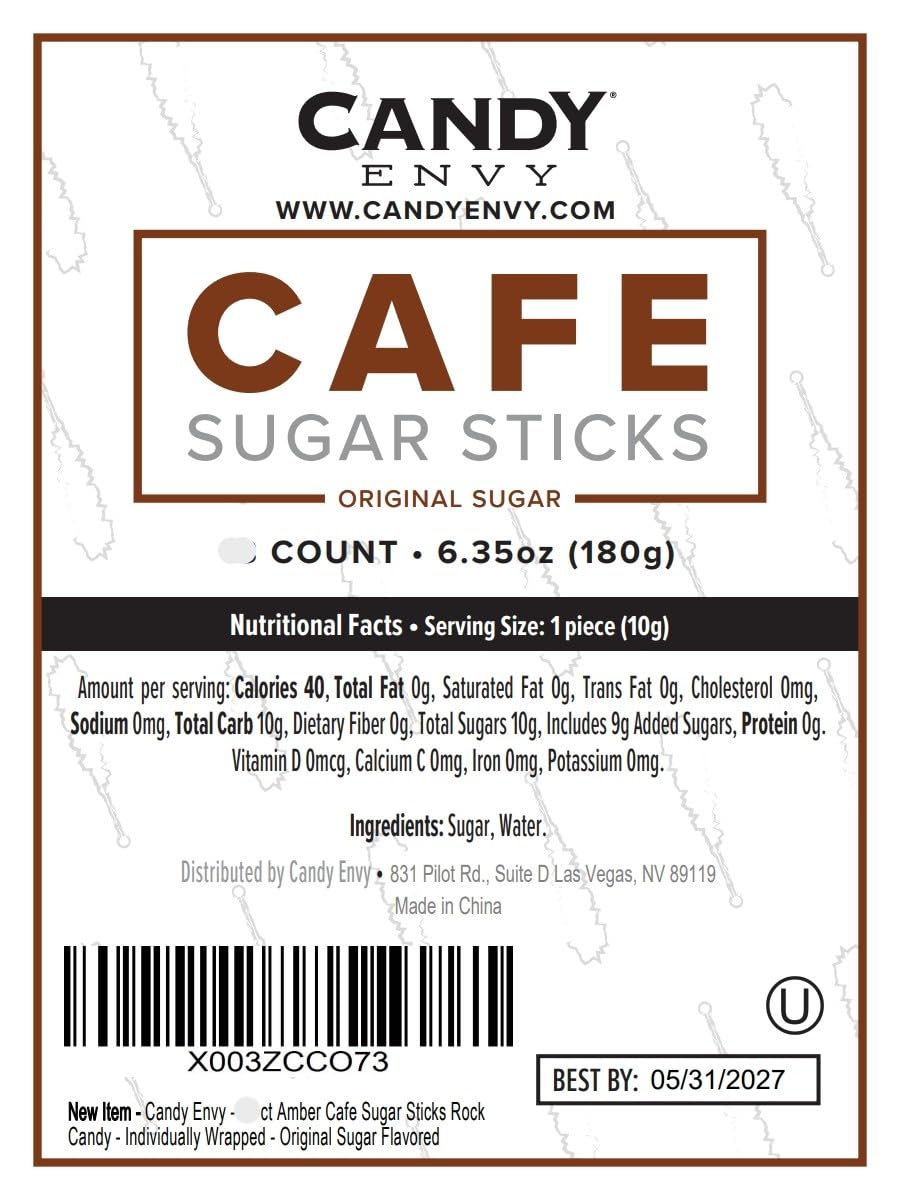 Candy Envy neat layout of all 18 individually wrapped amber café sugar sticks in package