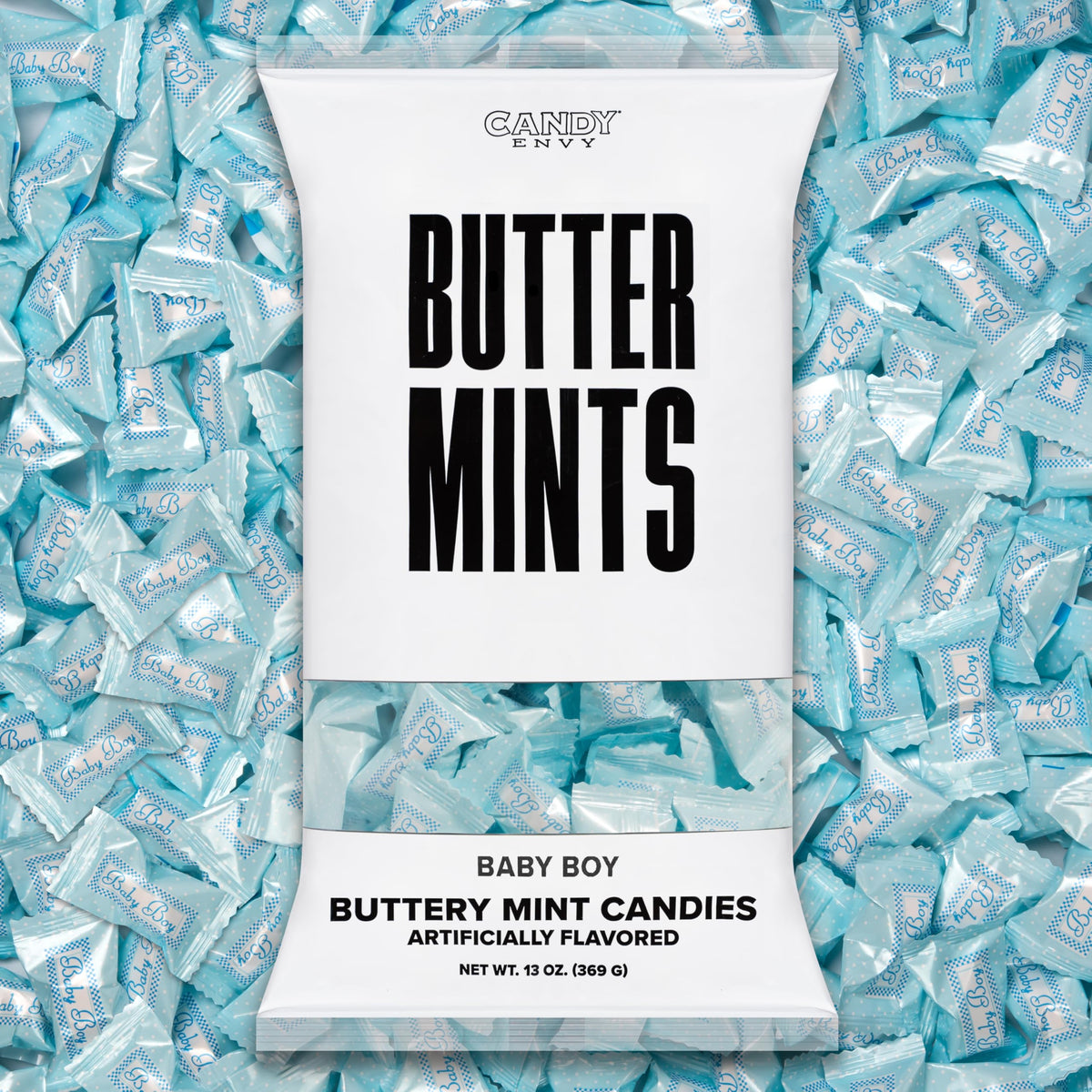 Candy Envy front packaging showing 13 oz bag and baby blue theme for easy event planning
