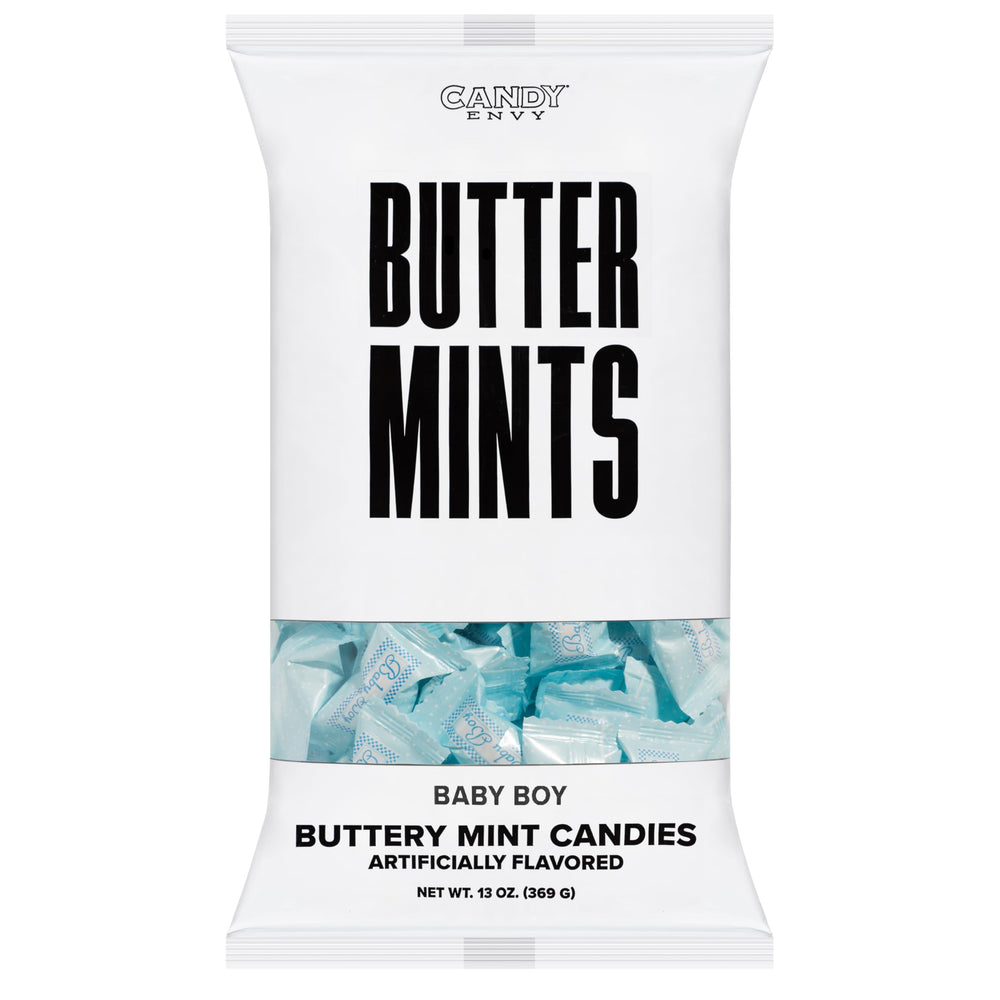Candy Envy mints styled at a table setting to enhance baby shower decor and presentation