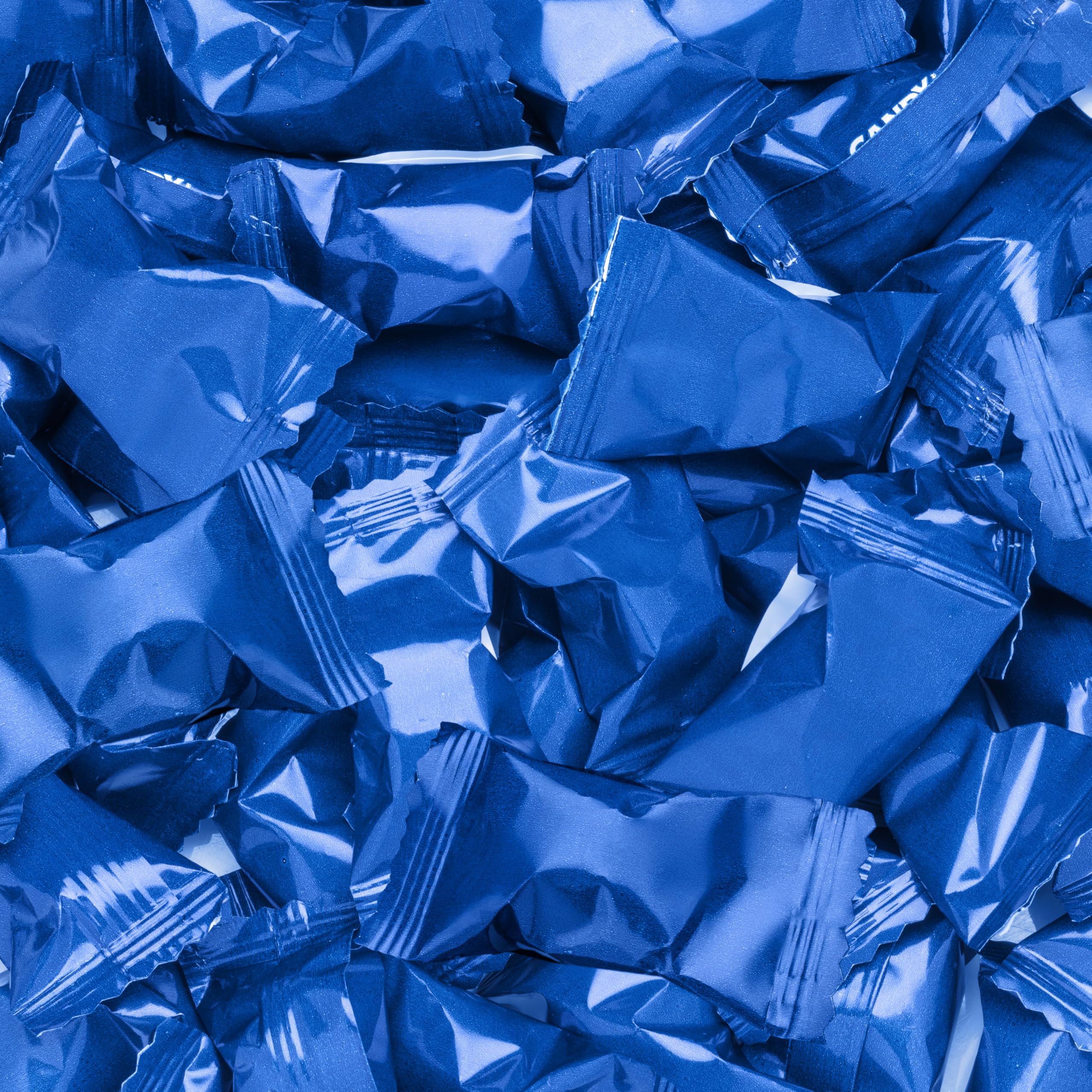 Candy Envy close-up of blue foil wrapper, highlights freshness preservation