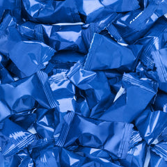 Candy Envy close-up of blue foil wrapper, highlights freshness preservation