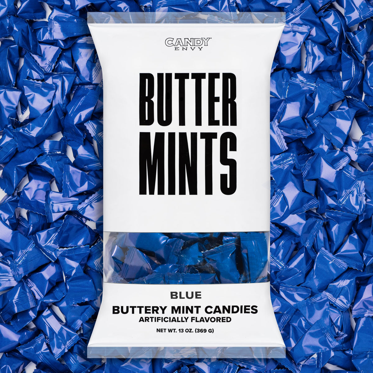 Candy Envy front pack showing blue-wrapped buttermints, convenient party supply