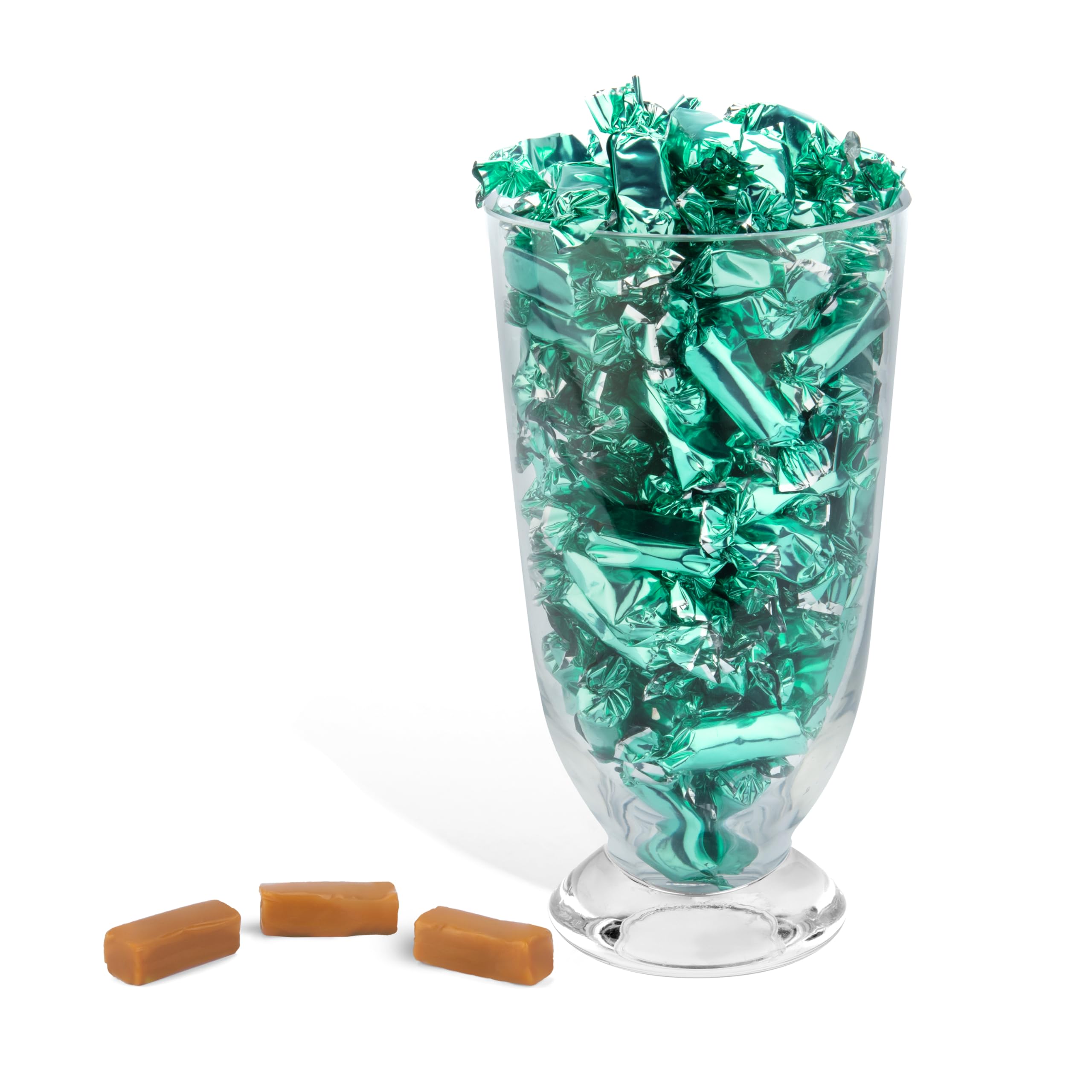 Candy Envy bulk bag open with wrapped caramels spilling, easy party refill