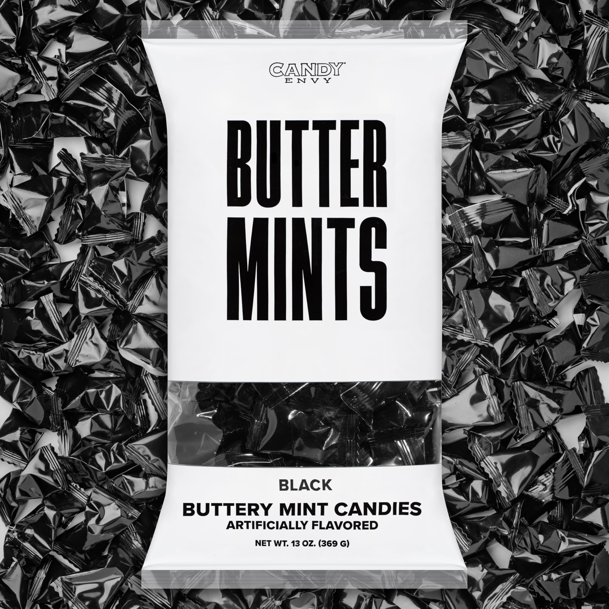 Candy Envy front packaging showing black-wrapped buttermints and elegant presentation