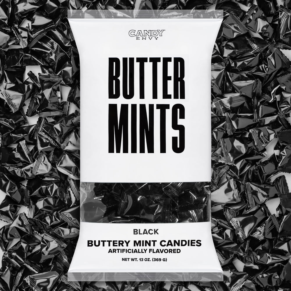 Candy Envy front packaging showing black-wrapped buttermints and elegant presentation
