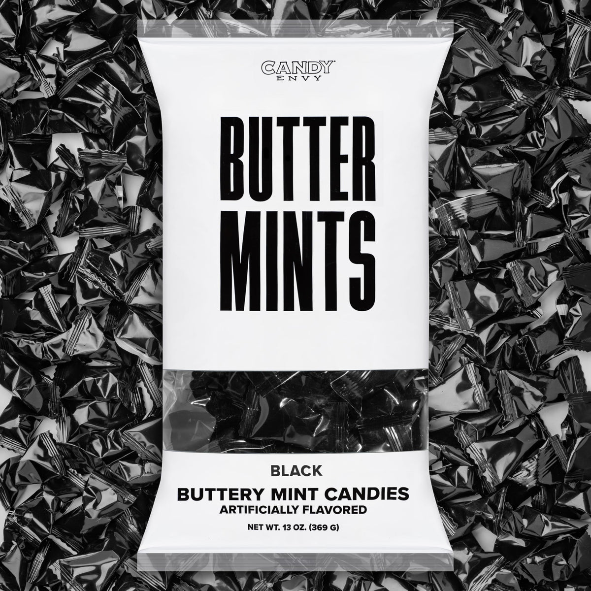 Candy Envy front packaging showing black-wrapped buttermints and elegant presentation