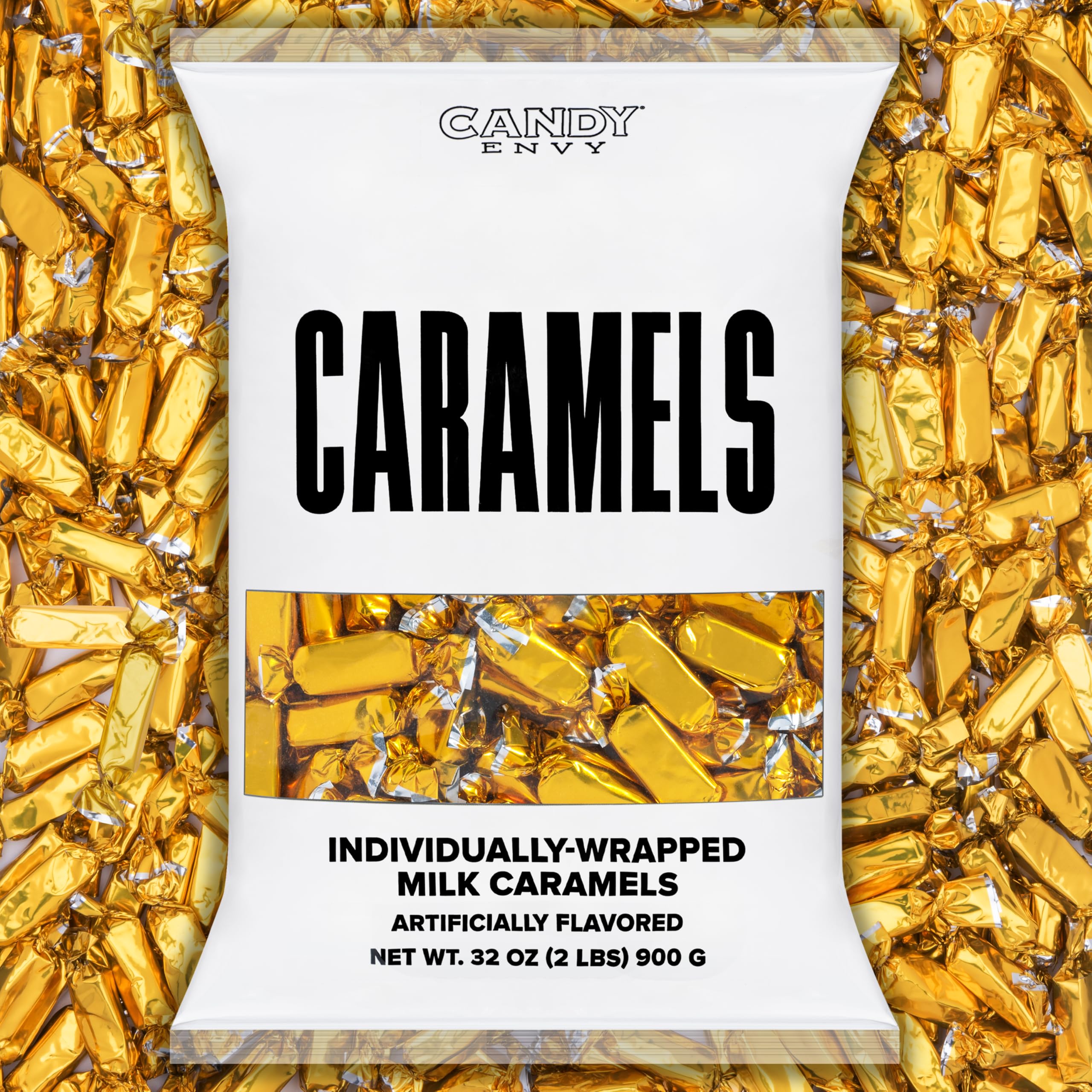 Candy Envy front packaging showing 2 pound bag and gold wrappers, attractive display benefit
