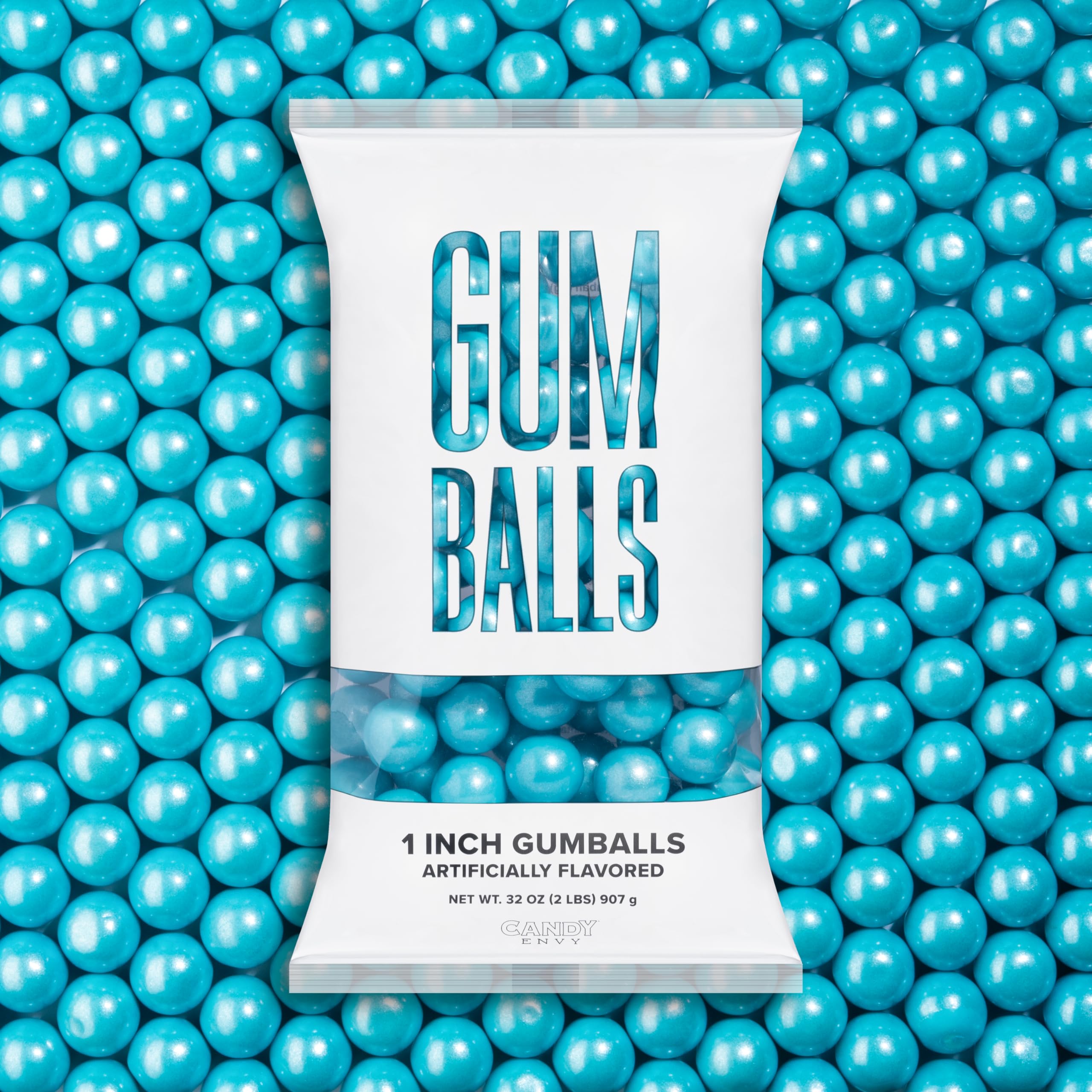 Candy Envy front packaging showing shimmer light blue gumballs and 2 lb bag benefit