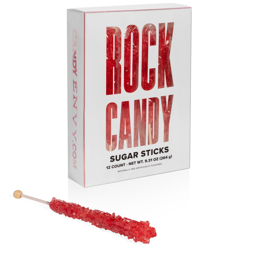 Candy Envy front packaging showing 12 strawberry rock candy sticks, perfect party favor