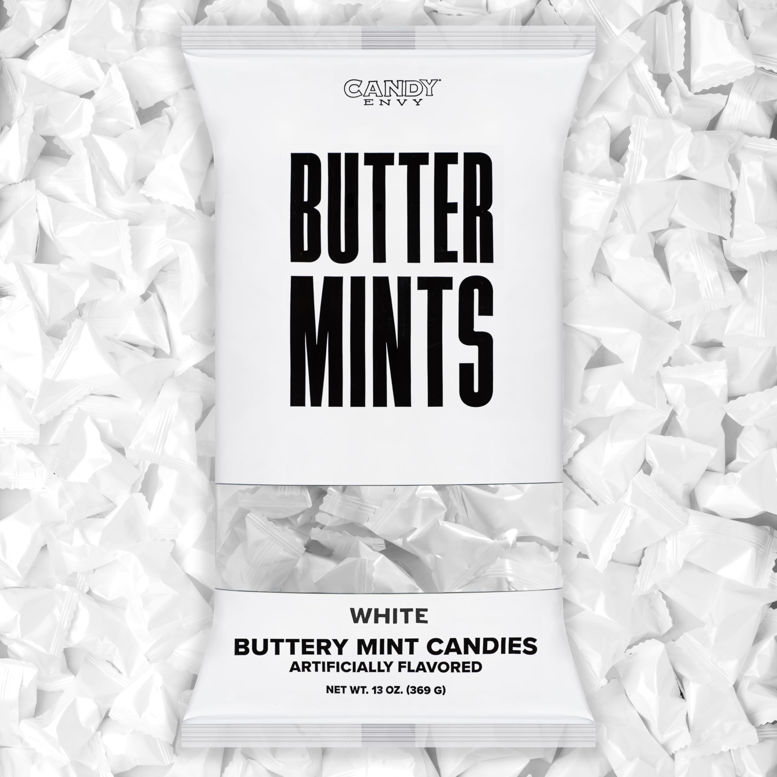 Candy Envy front pack shot showing neat white wrapped buttermints and elegant branding