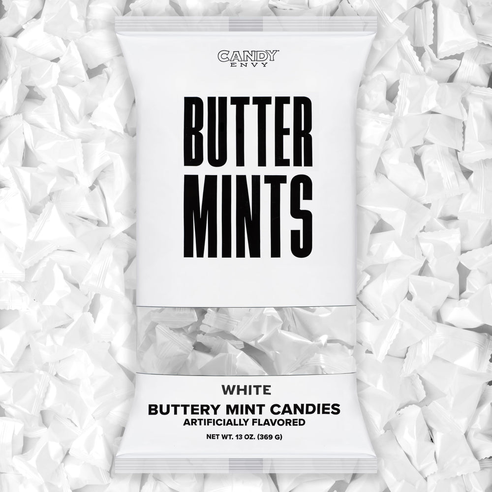 Candy Envy front pack shot showing neat white wrapped buttermints and elegant branding