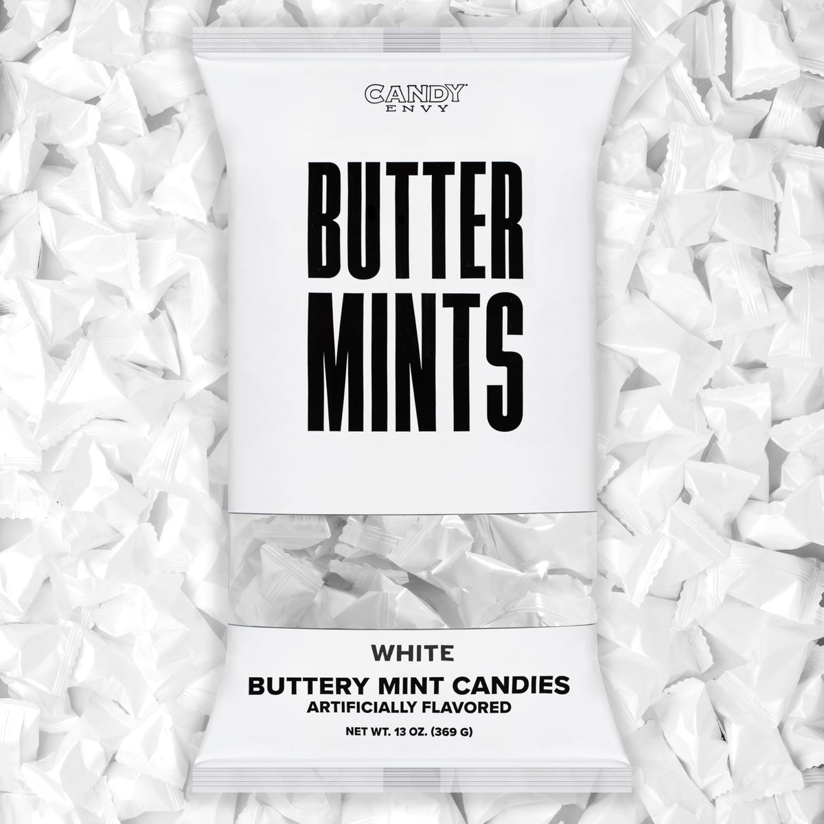 Candy Envy front pack shot showing neat white wrapped buttermints and elegant branding
