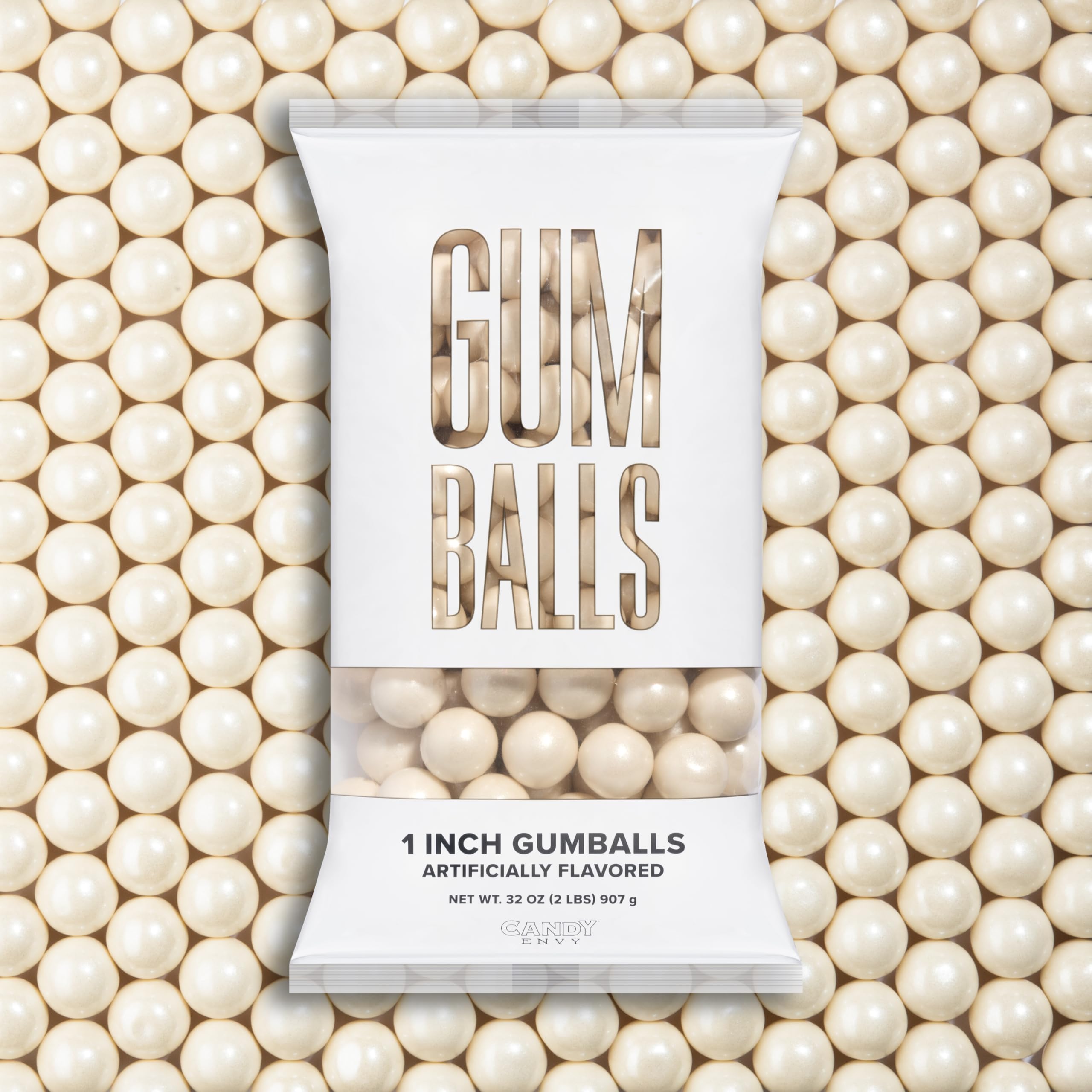 Candy Envy front packaging of 2 lb shimmer white gumballs showing bag and brand benefit of bulk supply