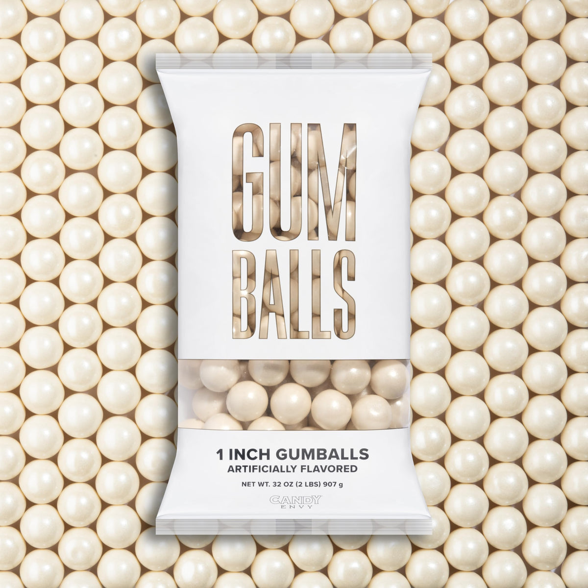 Candy Envy front packaging of 2 lb shimmer white gumballs showing bag and brand benefit of bulk supply