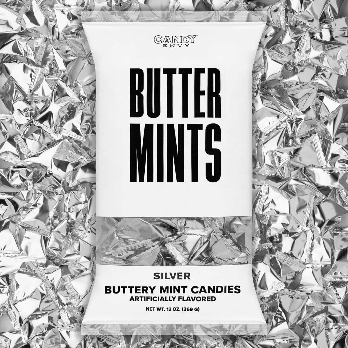 Candy Envy front packaging showing 13 oz bag and silver wrappers, clear presentation benefit