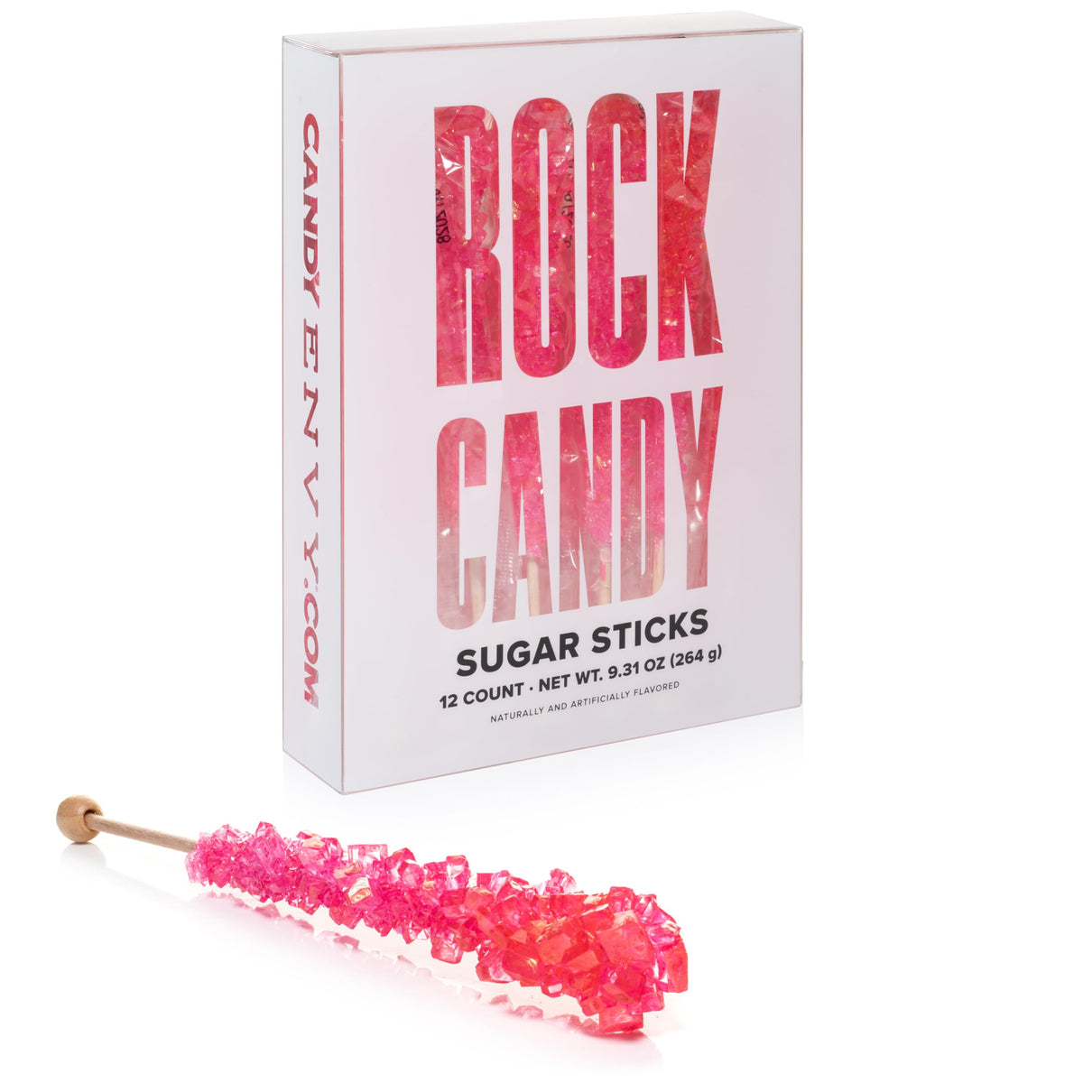 Candy Envy front packaging showing 12 pink cherry rock candy sticks and freshness