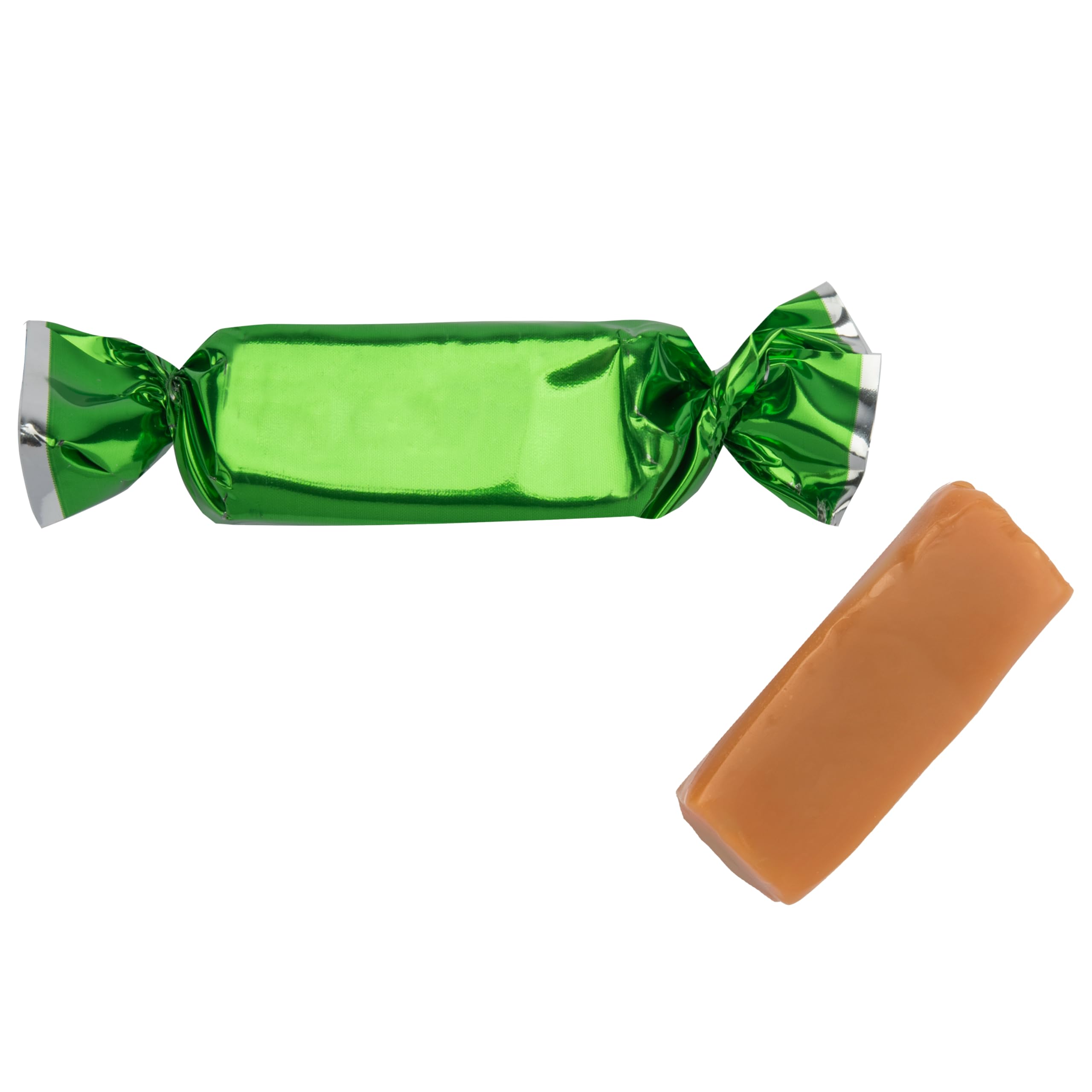 Candy Envy open bag of green wrapped caramels offering ready servings