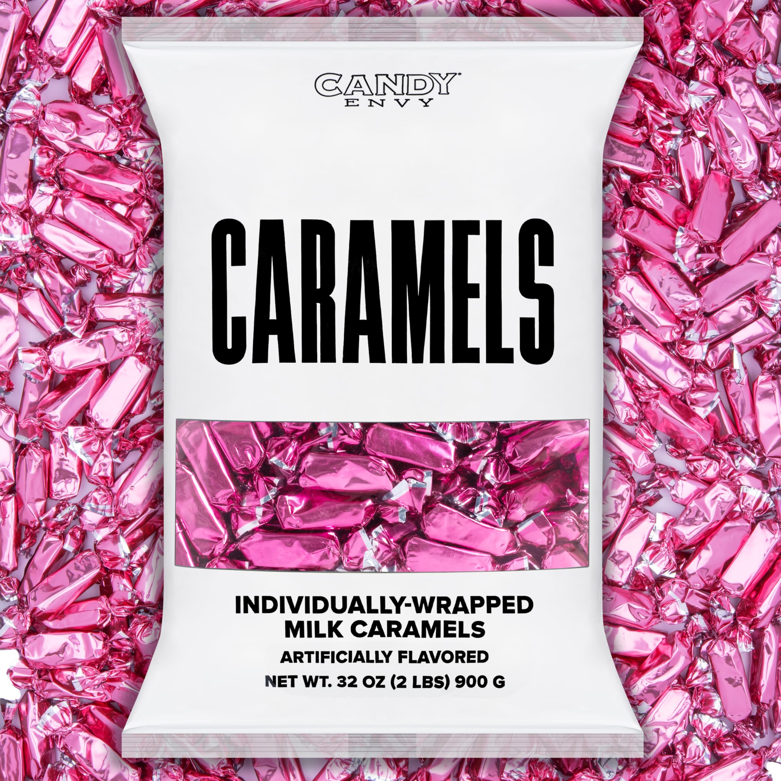 Candy Envy front bag view showing hot pink wrappers and bulk packaging benefits