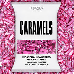 Candy Envy front bag view showing hot pink wrappers and bulk packaging benefits