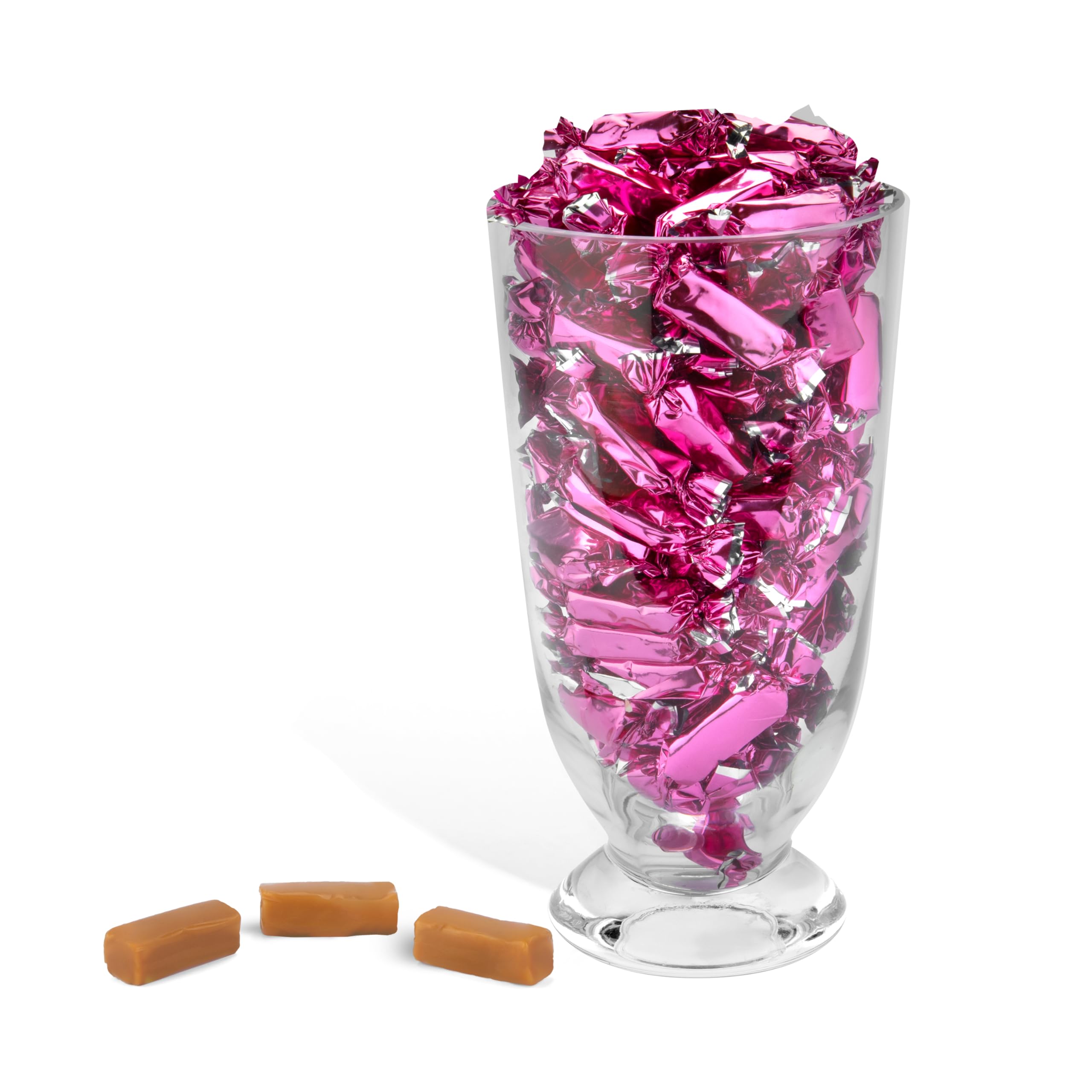 Candy Envy caramels filling a clear jar for easy display and portioning