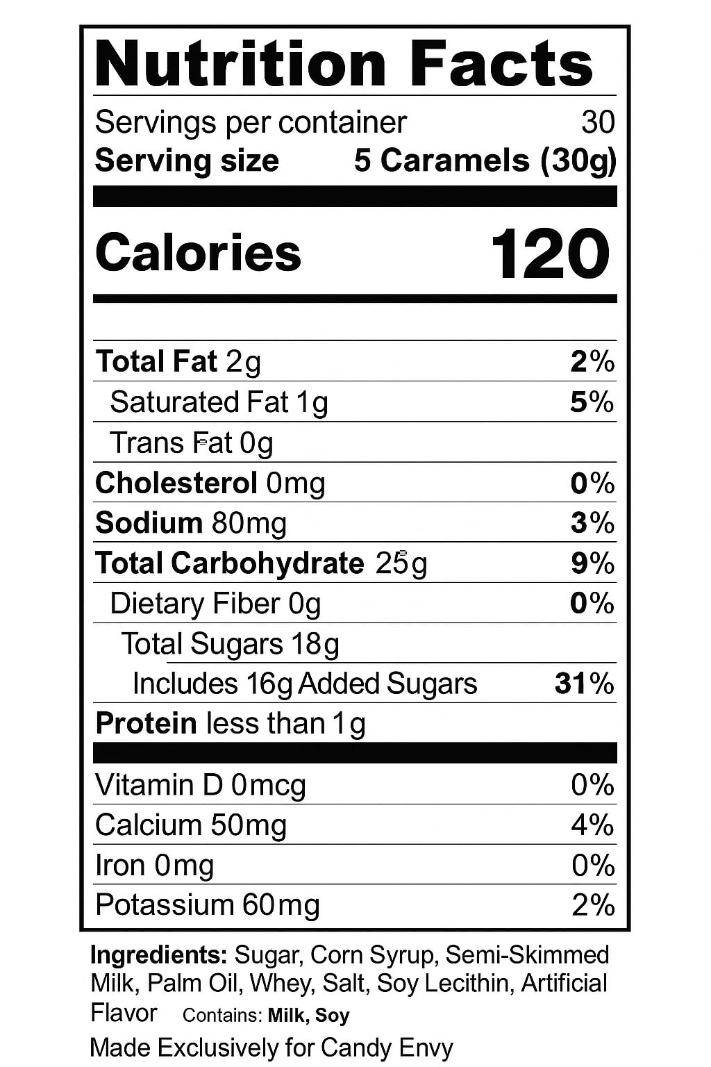 Candy Envy nutrition label closeup clarifying ingredients and storage guidance