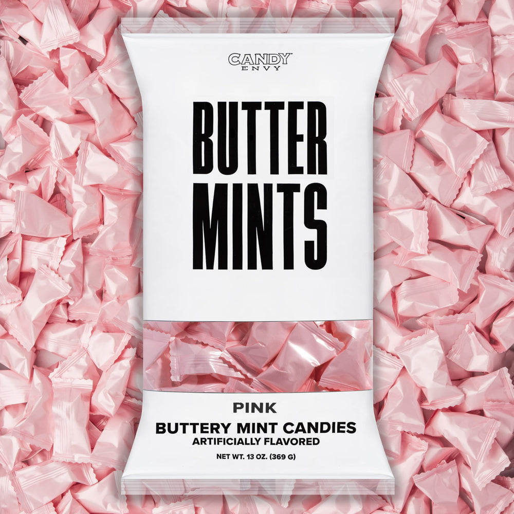 Candy Envy bag front showing pink wrapped buttermints and quantity benefit