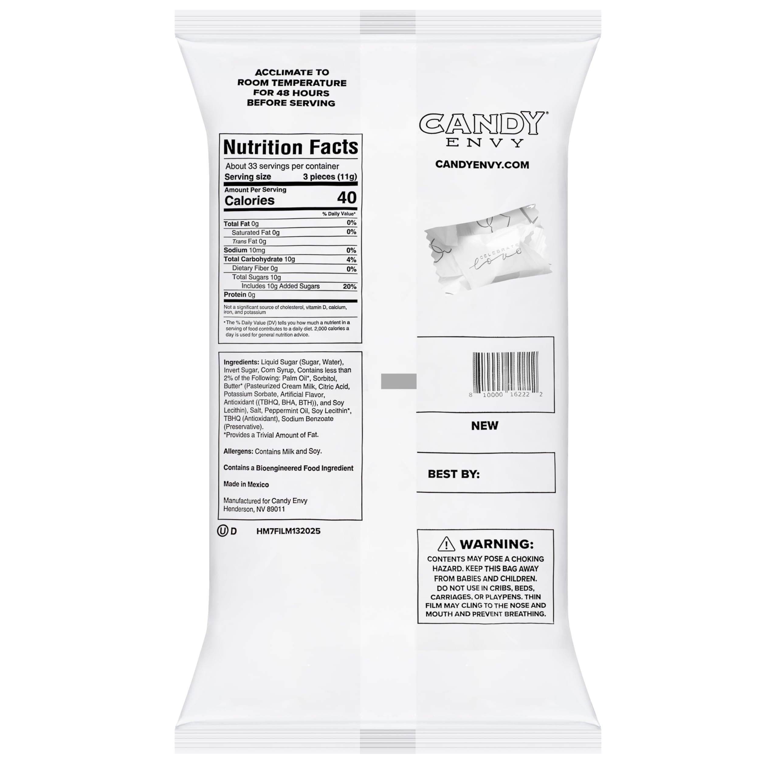 Candy Envy resealable bag back label showing storage information and freshness