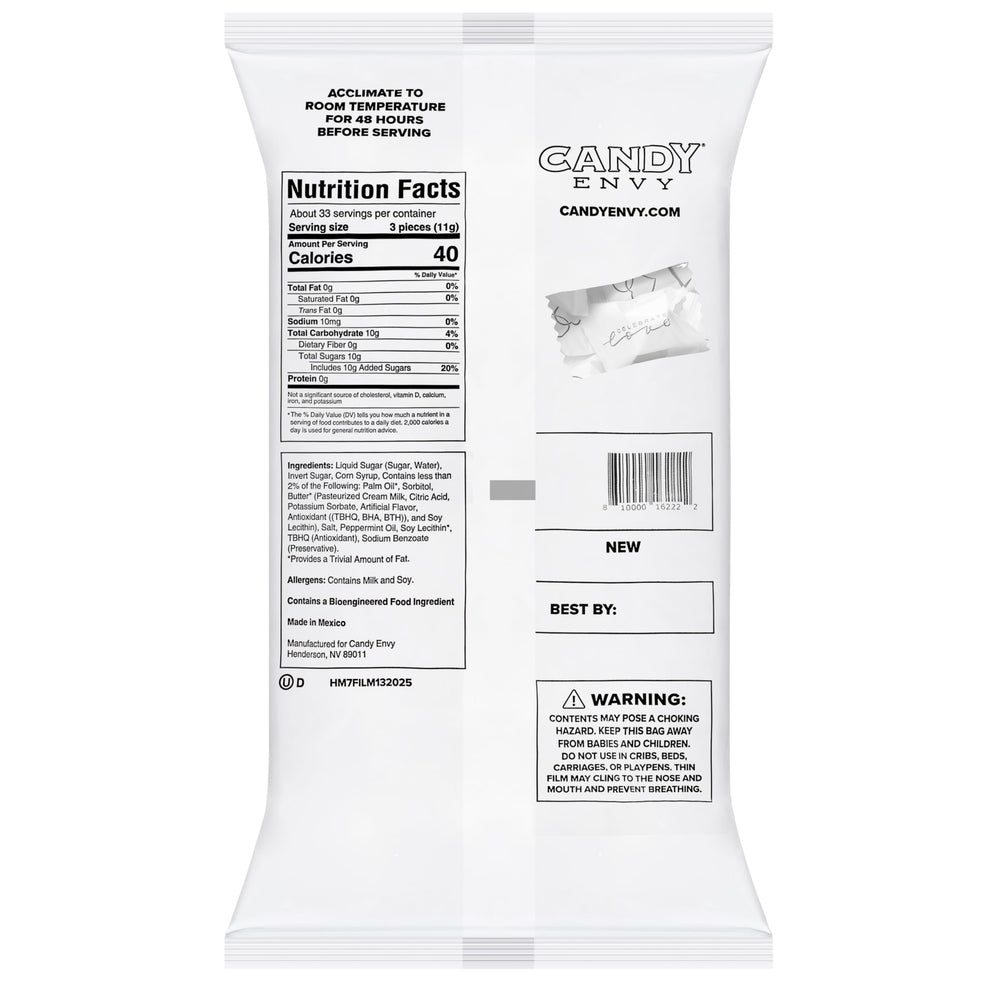 Candy Envy resealable bag back label showing storage information and freshness