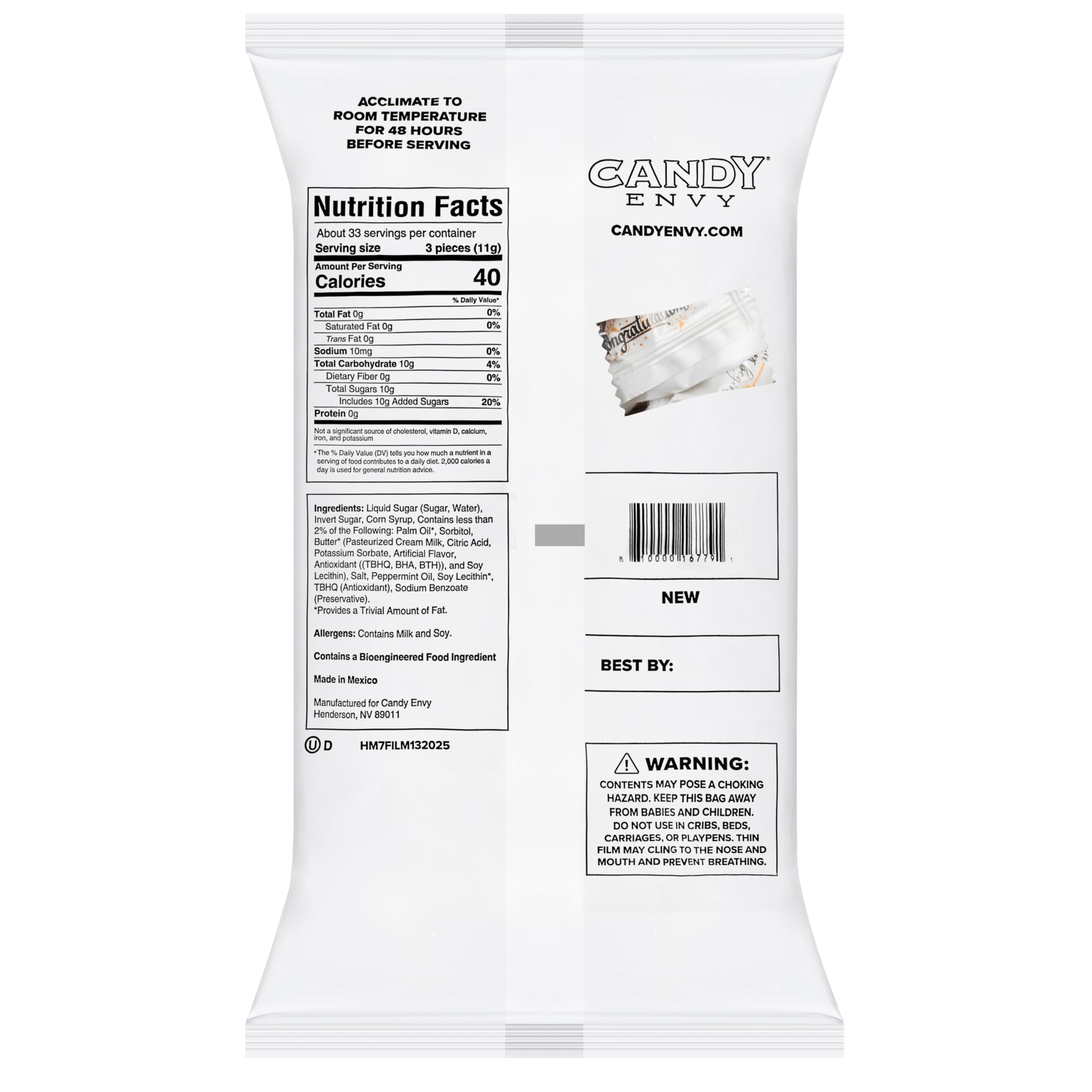 Candy Envy resealable bag back label showing storage and convenience