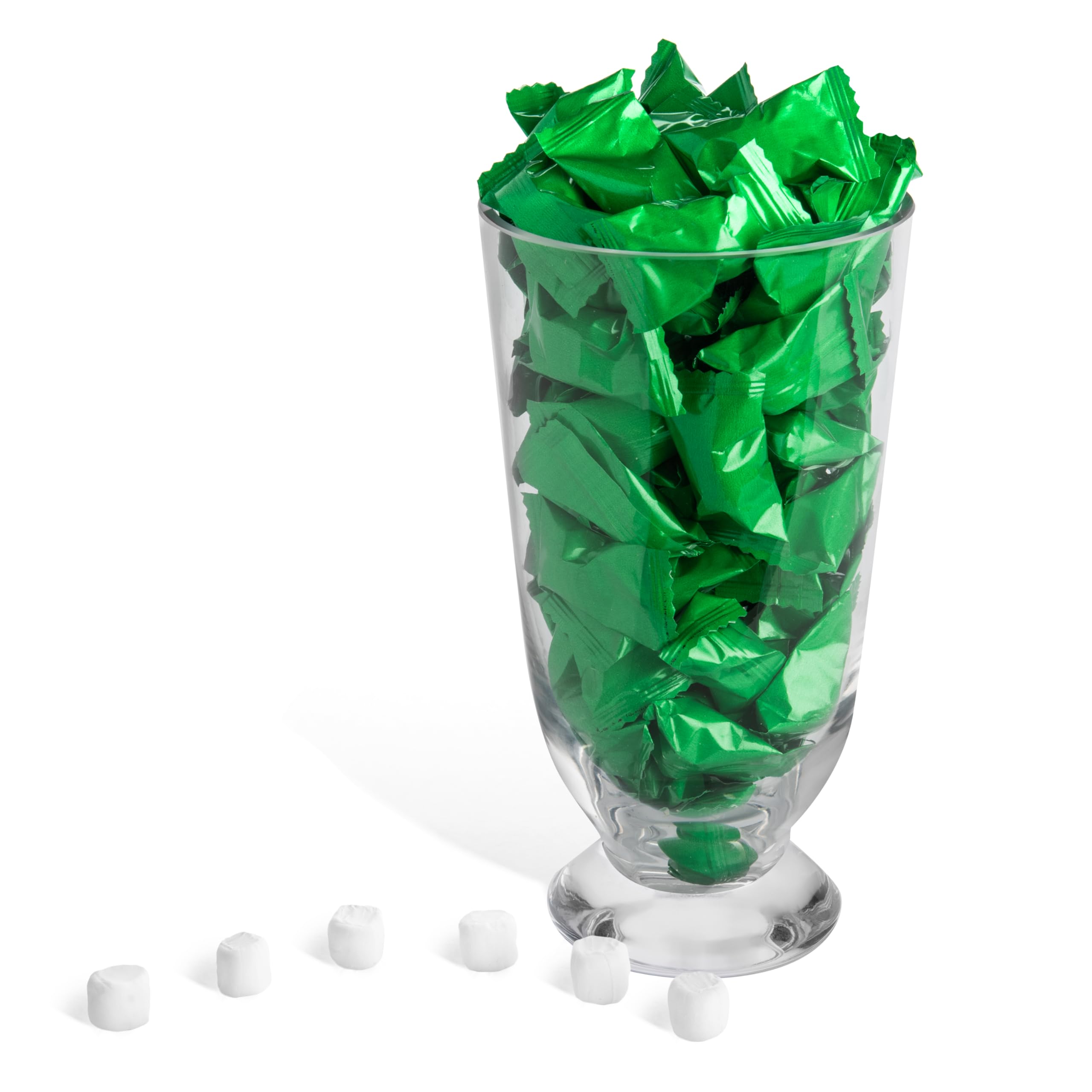 Candy Envy mints beside a ruler showing size and approximate count per 13 oz bag