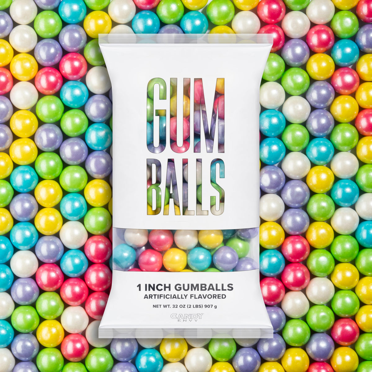 Candy Envy front packaging showing pastel shimmer gumballs and bulk convenience