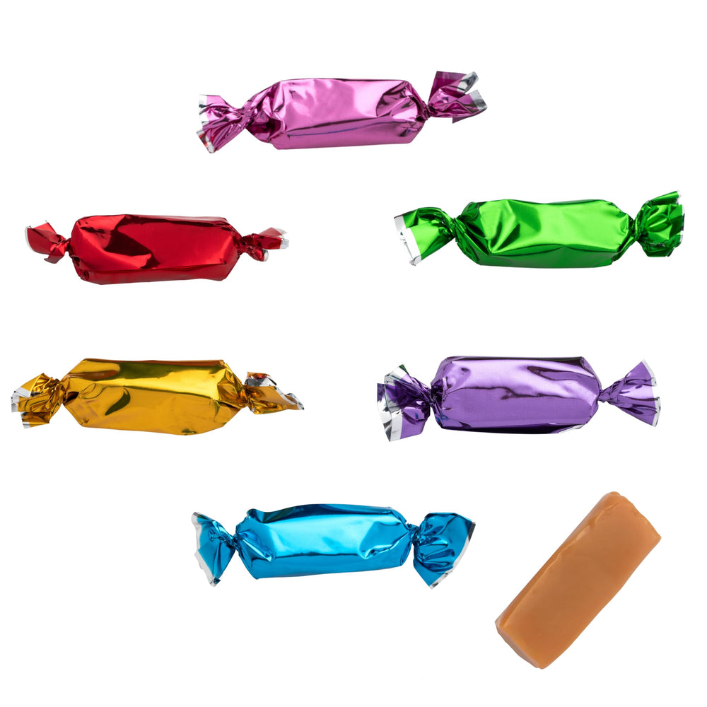 Candy Envy single unwrapped caramel showing soft texture and chewability benefit