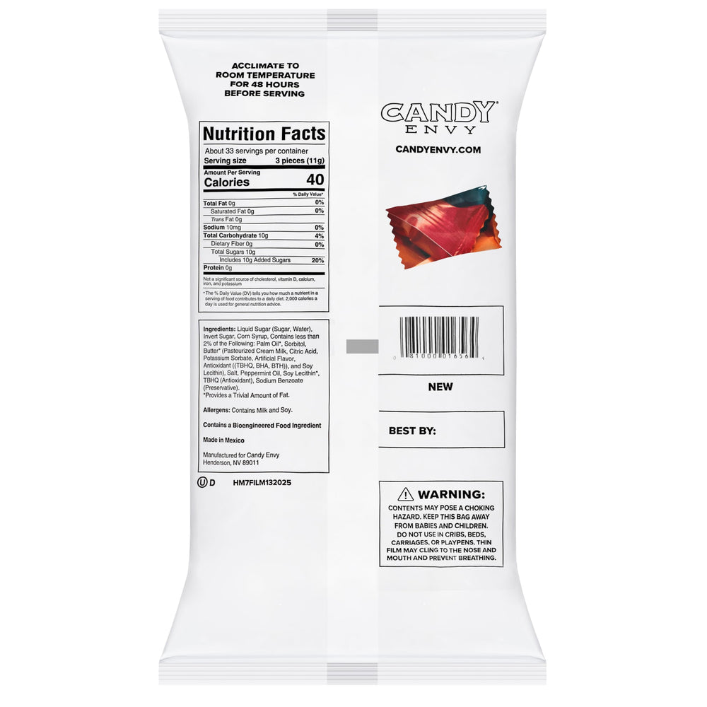 Candy Envy bag held in hand to show 13 oz size and approximate 100-piece portion