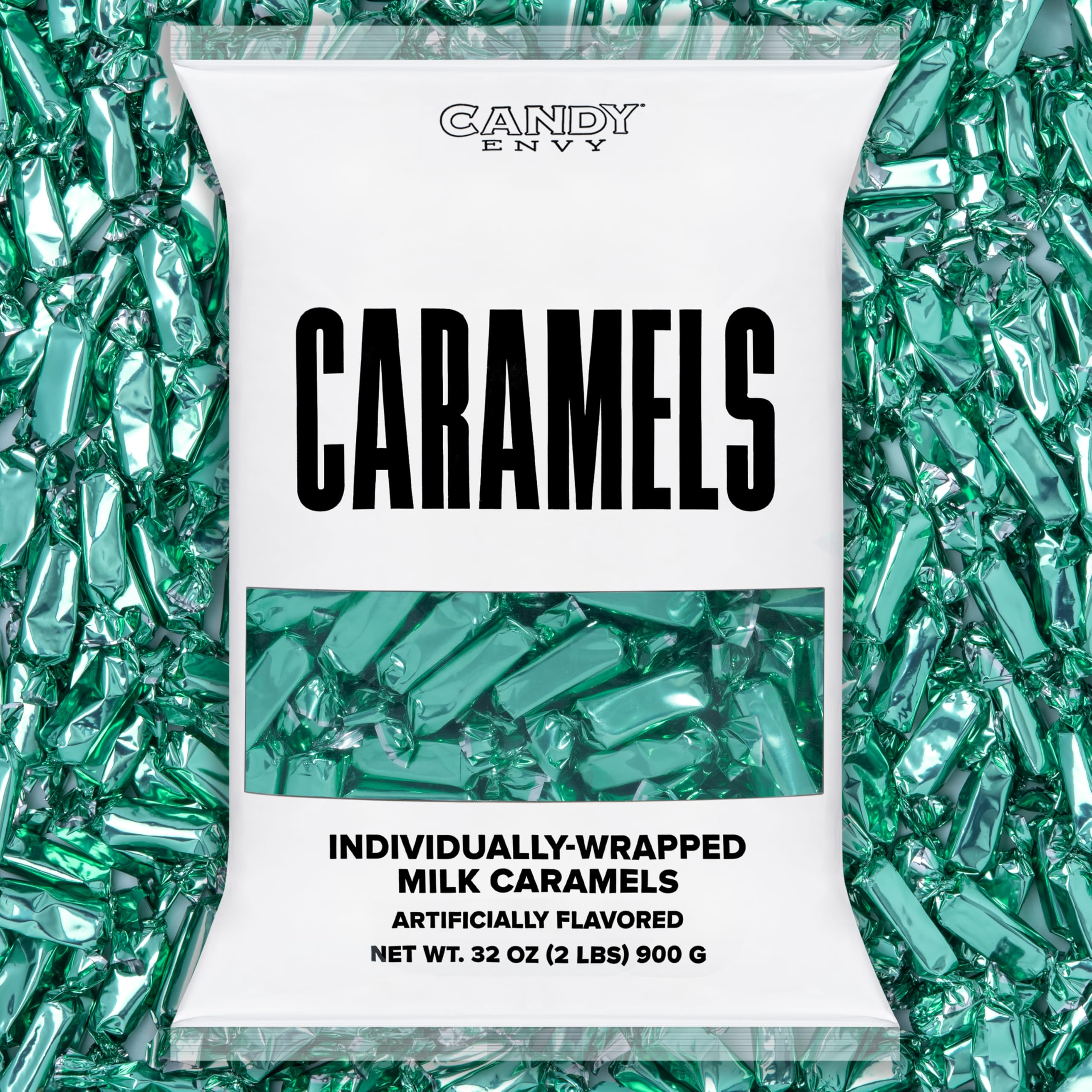 Candy Envy front packaging showing turquoise wrappers and 2 lb bag, convenient supply