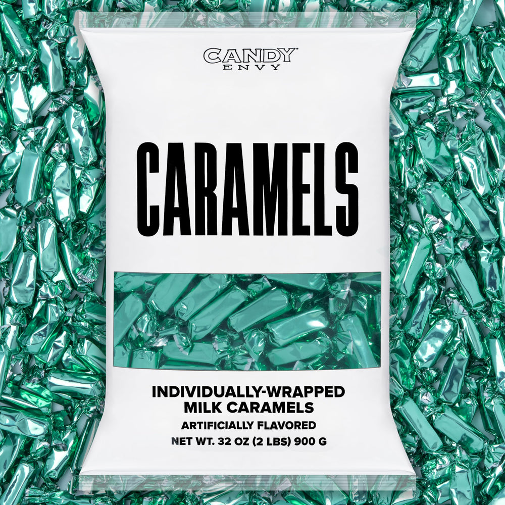 Candy Envy front packaging showing turquoise wrappers and 2 lb bag, convenient supply