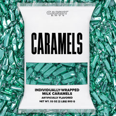 Candy Envy front packaging showing turquoise wrappers and 2 lb bag, convenient supply