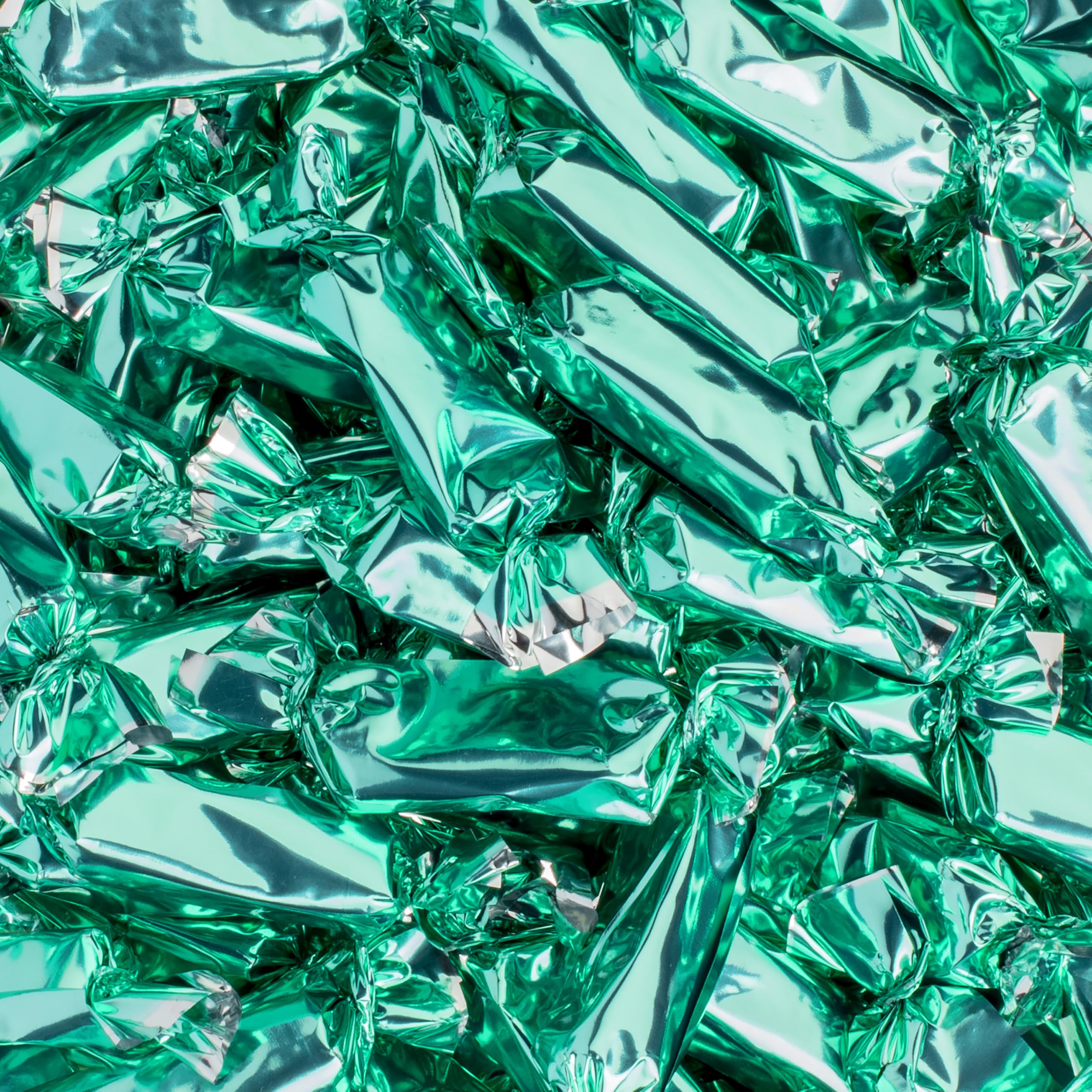 Candy Envy close-up of turquoise wrapper shine, attractive for themed displays