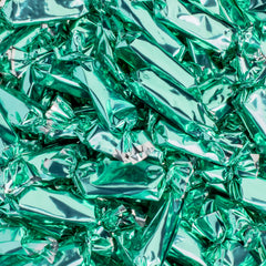 Candy Envy close-up of turquoise wrapper shine, attractive for themed displays
