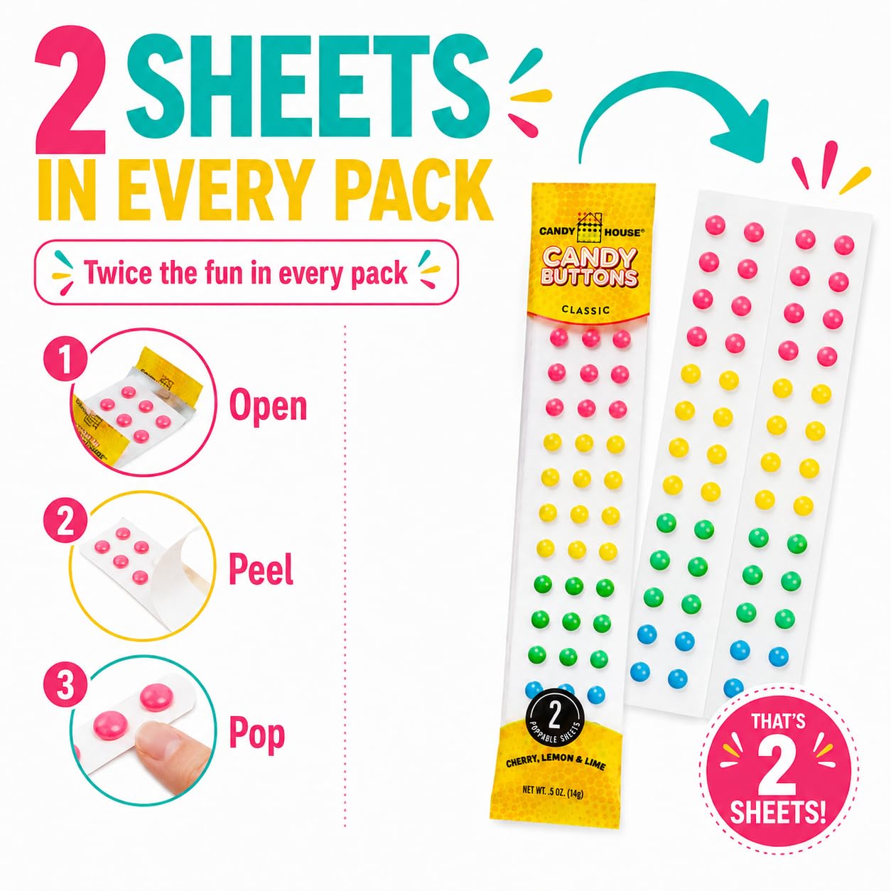 Candy House strip being peeled to reveal dots for playful, easy-to-eat benefit