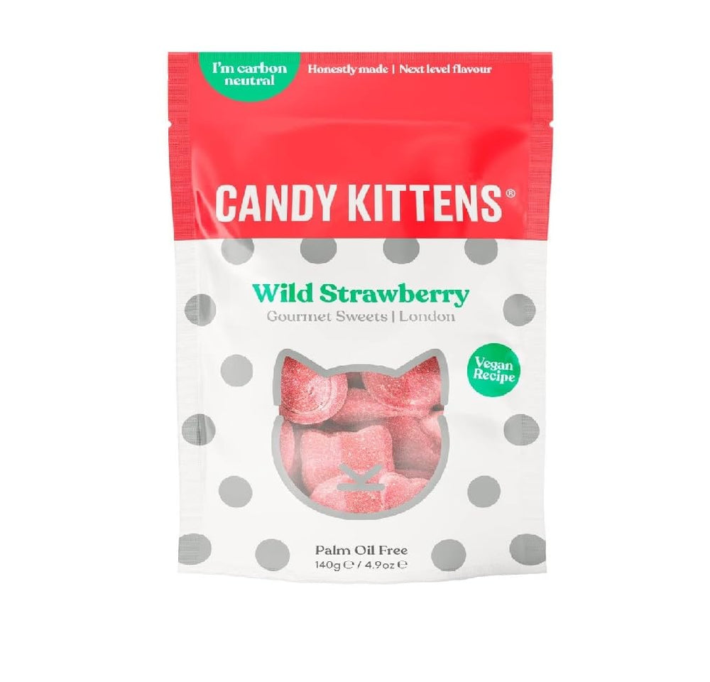 Candy Kittens front packaging view showing wild strawberry bag and branding benefits