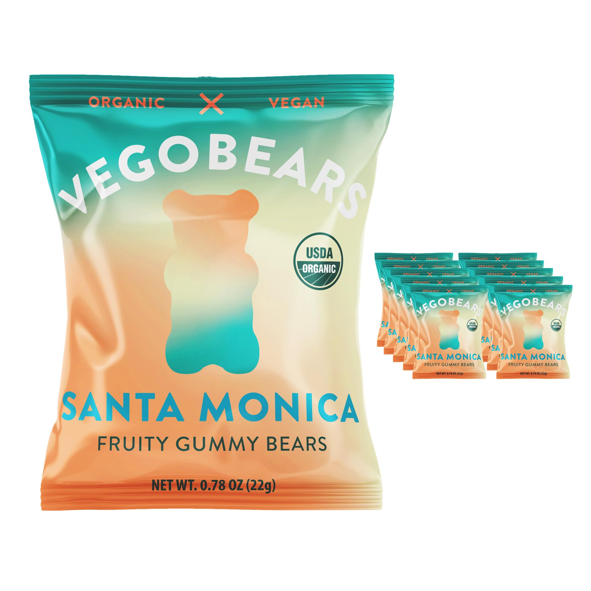Candy People VegoBears front packaging clearly shows organic vegan badge and 10-pack benefit