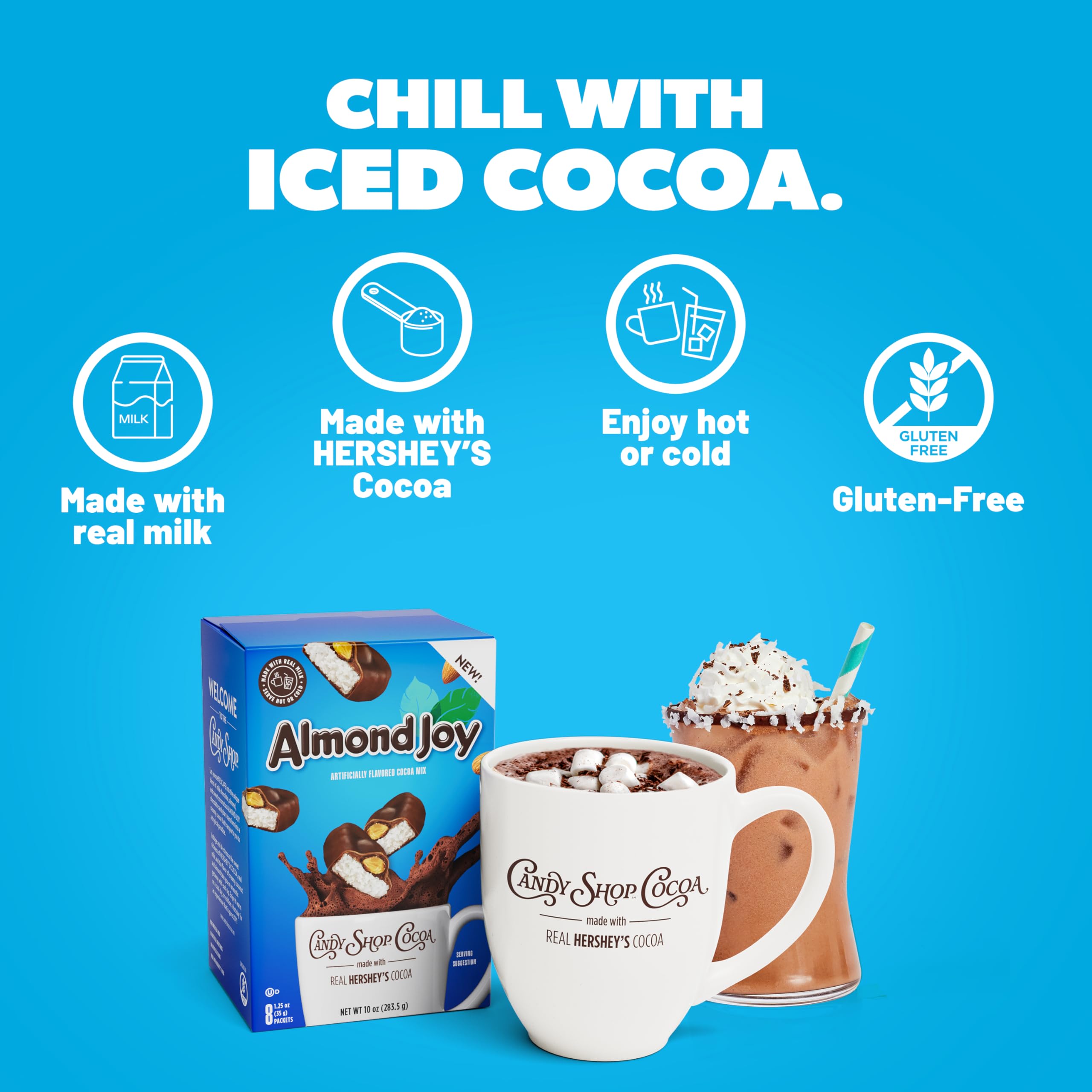 Candy Shop prepared iced cocoa in glass, ALMOND JOY flavor refreshes chilled