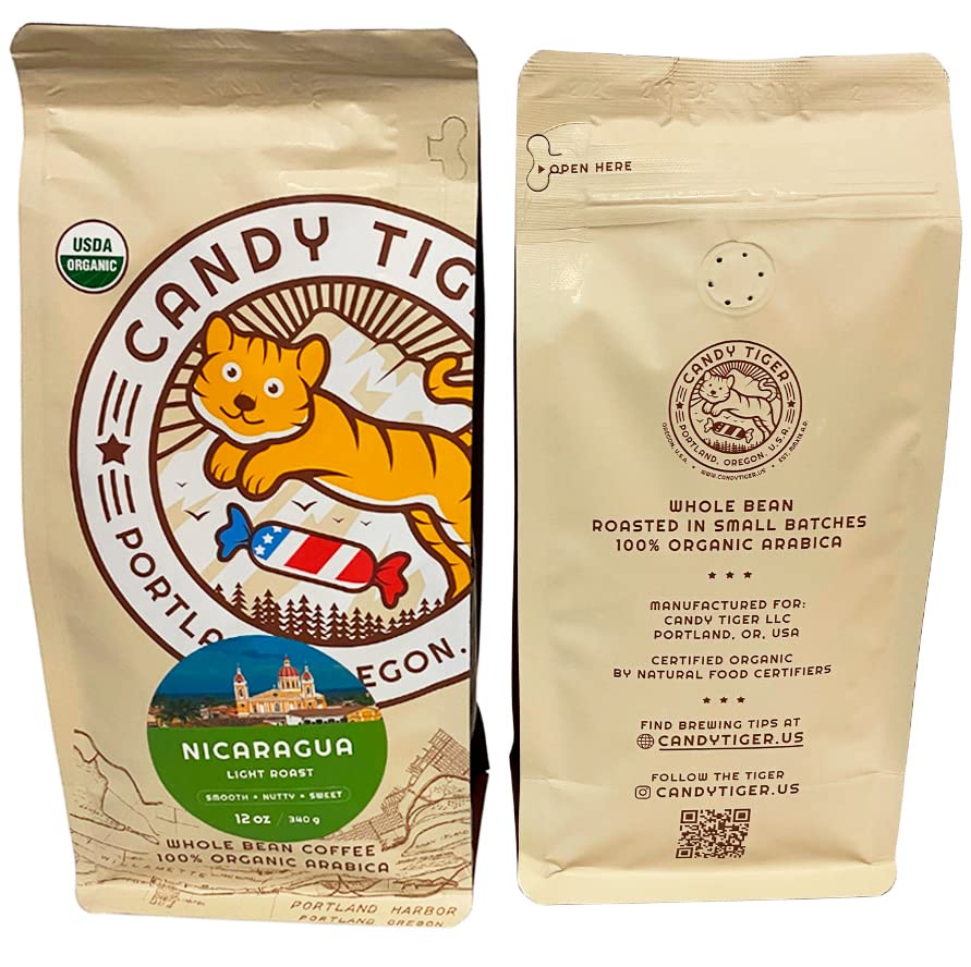 CANDY TIGER label close-up displaying USDA organic and shade-grown icons
