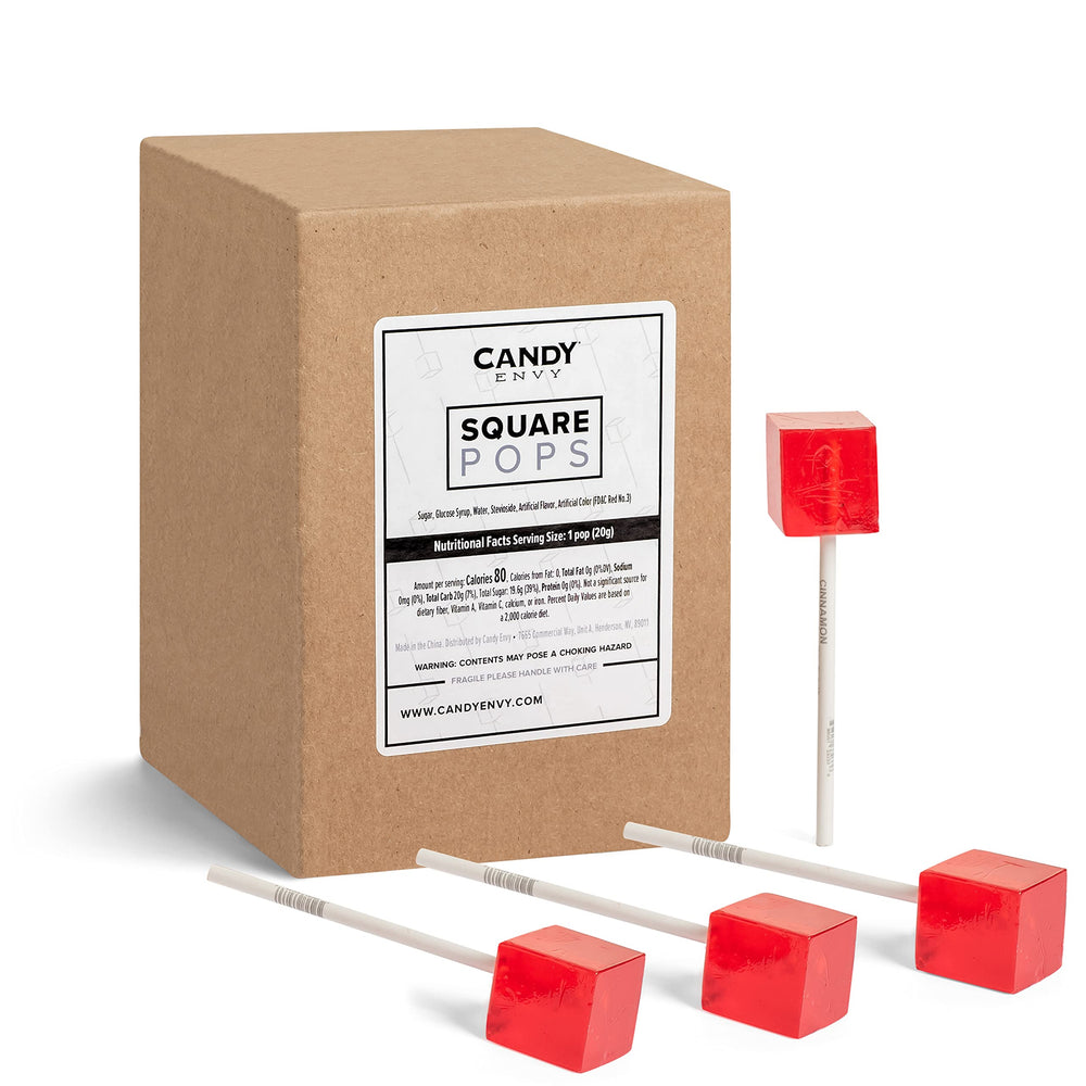 Candy Envy front packaging of 24 red square pops showing count and brand benefit