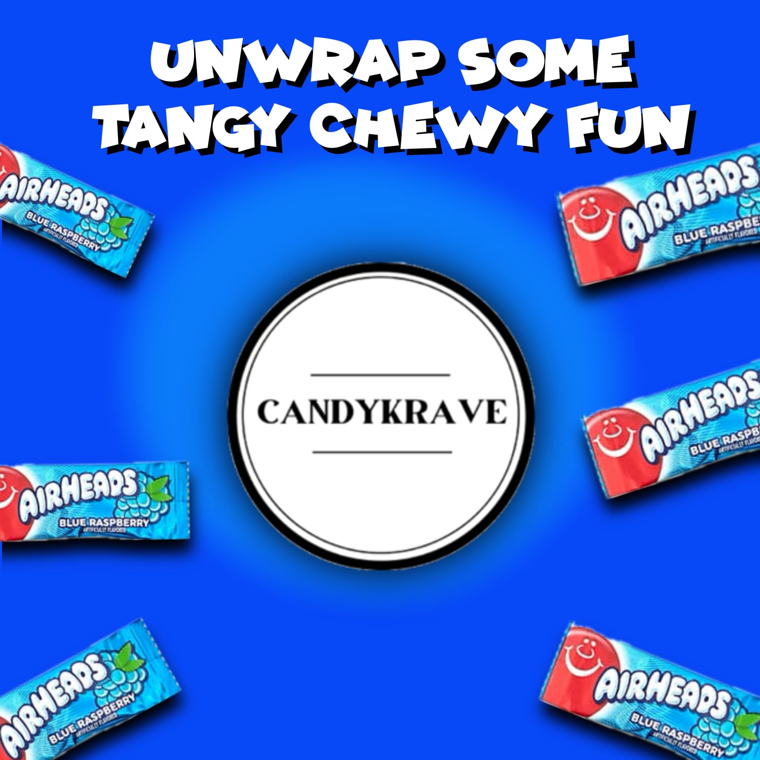 CandyKrave Airheads unwrapped mini bar close-up highlighting chewy blue raspberry taste