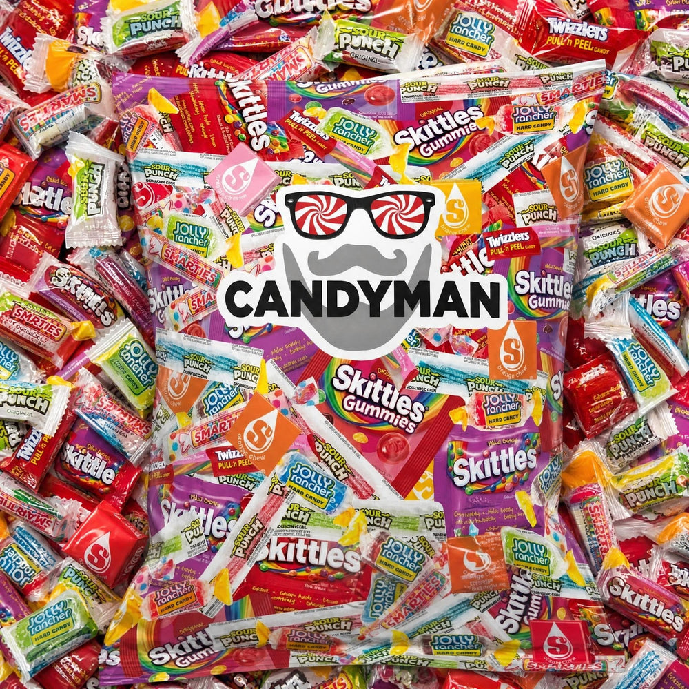 CANDYMAN front packaging showing 2 lb variety pack and colorful assortment benefit