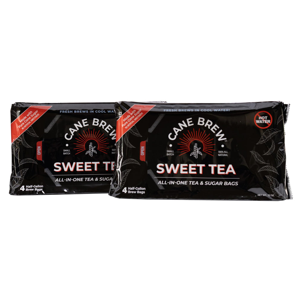 Cane Brew front packaging showing eight half-gallon bags and branding benefits