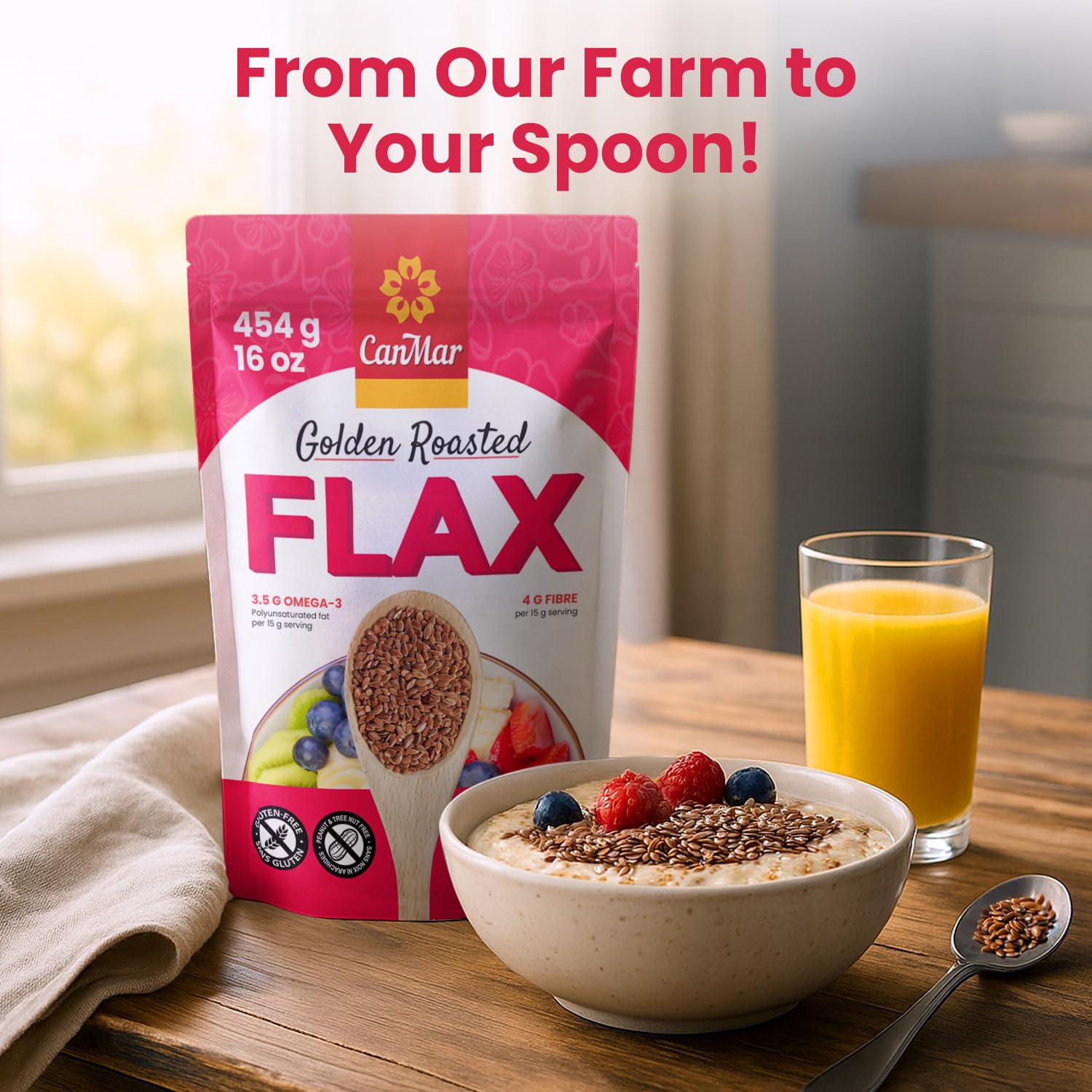 CanMar flaxseeds sprinkled on breakfast bowl for extra fiber