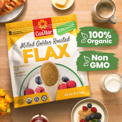 Close-up of CanMar golden flaxseed meal texture emphasizing fine roasted powder