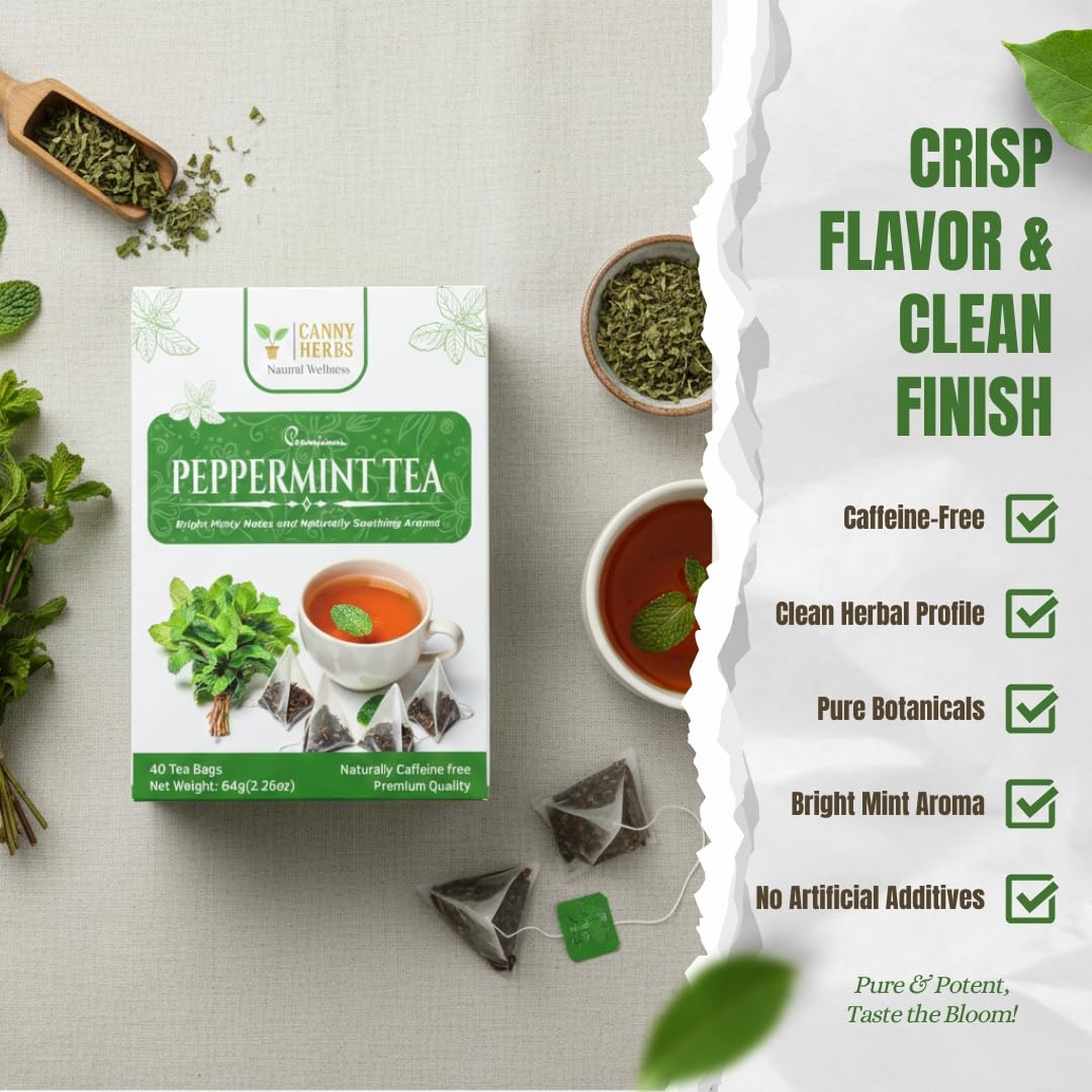 Canny Herbs brewed hot cup of peppermint tea with steam and calming benefit